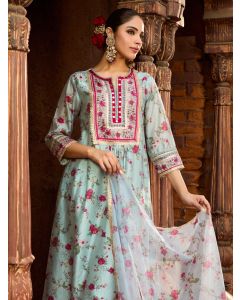 Powder Blue Printed Chanderi Kurta with Pants- Set of 2