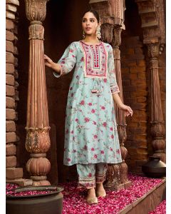 Powder Blue Printed Viscose Chanderi Kurta with Pants- Set of 2