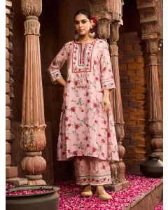 Old Rose Printed Viscose Chanderi Kurta with Pants- Set of 2