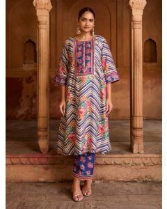 Blue Printed Viscose Chanderi Kurta with Pants- Set of 2