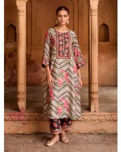 Black Printed Viscose Chanderi Kurta with Pants- Set of 2