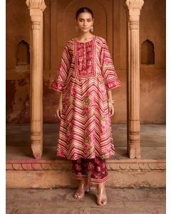 Wine Printed Viscose Chanderi Kurta with Pants- Set of 2