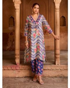 Blue Printed Viscose Chanderi Kurta with Pants- Set of 2