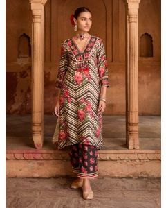 Black Printed Viscose Chanderi Kurta with Pants- Set of 2