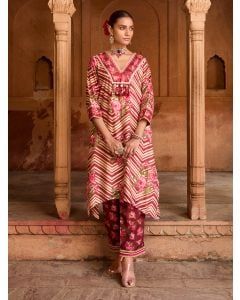 Wine Printed Viscose Chanderi Kurta with Pants- Set of 2