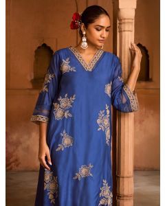 Blue Embroidered Chanderi Kurta with Pants- Set of 2