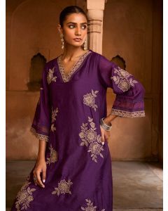 Purple Embroidered Viscose Chanderi Kurta with Pants- Set of 2
