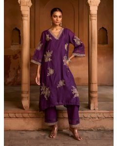 Purple Embroidered Viscose Chanderi Kurta with Pants- Set of 2