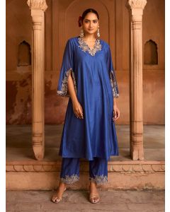 Blue Embroidered Viscose Chanderi Kurta with Pants- Set of 2