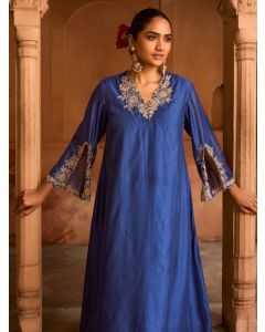 Blue Embroidered Viscose Chanderi Kurta with Pants- Set of 2