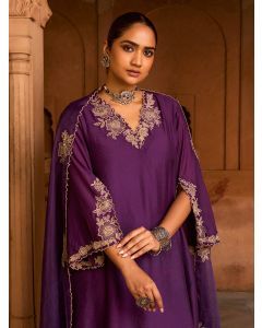 Purple Embroidered Viscose Chanderi Kurta with Pants- Set of 2