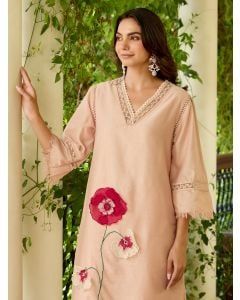 Light Pink Patch Work Viscose Chanderi Kurta with Pants- Set of 2
