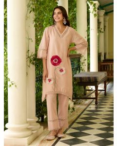 Light Pink Patch Work Viscose Chanderi Kurta with Pants- Set of 2