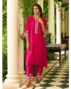 Fuchsia Embroidered Viscose Chanderi Kurta with Pants- Set of 2