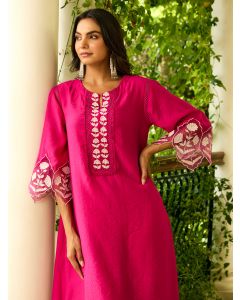 Fuchsia Embroidered Viscose Chanderi Kurta with Pants- Set of 2