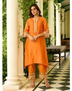 Orange Embroidered Viscose Chanderi Kurta with Pants- Set of 2