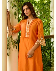 Orange Embroidered Viscose Chanderi Kurta with Pants- Set of 2