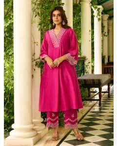 Fuchsia Embroidered Viscose Chanderi Kurta with Pants- Set of 2
