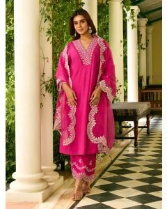 Fuchsia Embroidered Organza Dupatta