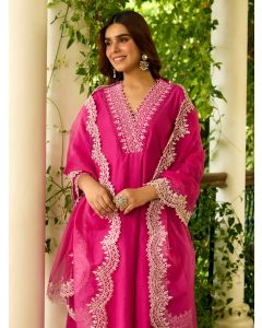 Fuchsia Embroidered Viscose Chanderi Kurta with Pants- Set of 2
