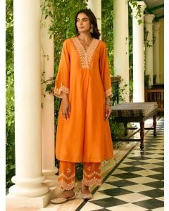 Orange Embroidered Viscose Chanderi Kurta with Pants- Set of 2