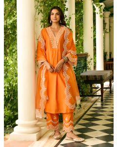 Orange Embroidered Viscose Chanderi Kurta with Pants- Set of 2