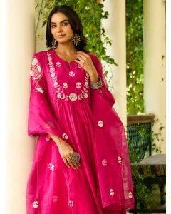Fuchsia Embroidered Chanderi Kurta with Pants- Set of 2