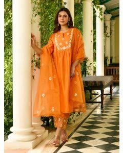 Orange Embroidered Organza Dupatta