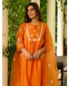 Orange Embroidered Chanderi Kurta with Pants- Set of 2