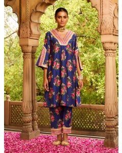 Blue Printed Viscose Chanderi Kurta with Pants- Set of 2