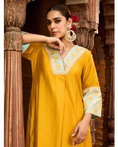 Mustard Yellow Gota Embroidered Chanderi Kurta with Pants- Set of 2
