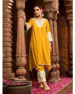 Mustard Yellow Gota Embroidered Chanderi Kurta with Pants- Set of 2