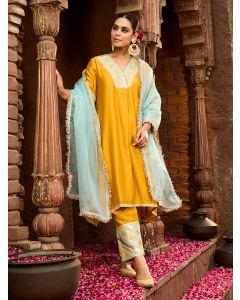 Mustard Yellow Gota Embroidered Chanderi Kurta with Pants- Set of 2