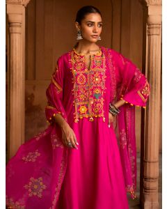 Fuchsia Embroidered Chanderi Kurta with Pants- Set of 2