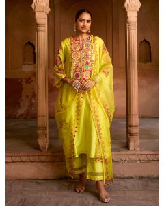 Lime Yellow Printed Organza Dupatta