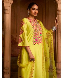 Lime Yellow Embroidered Chanderi Kurta with Pants- Set of 2