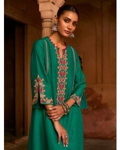 Green Embroidered Chanderi Kurta with Pants- Set of 2