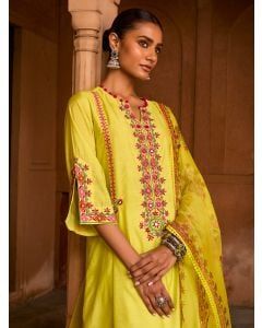 Lime Yellow Embroidered Chanderi Kurta with Pants- Set of 2