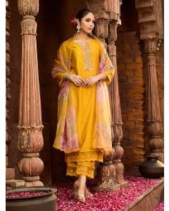 Mustard Yellow Printed Organza Dupatta