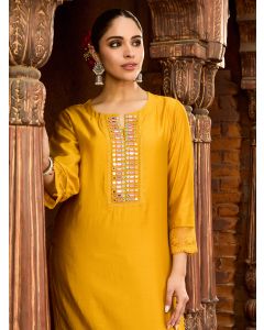 Mustard Yellow Hand Embroidered Chanderi Kurta with Pants- Set of 2