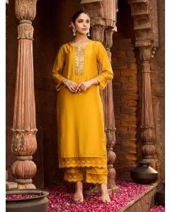 Mustard Yellow Hand Embroidered Chanderi Kurta with Pants- Set of 2
