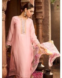 Powder Pink Hand Embroidered Chanderi Kurta with Pants- Set of 2