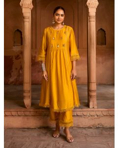 Mustard Yellow Hand Embroidered Chanderi Kurta with Pants- Set of 2