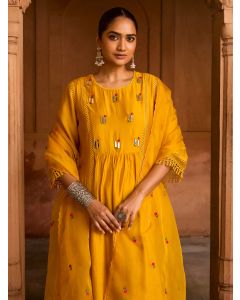 Mustard Yellow Hand Embroidered Chanderi Kurta with Pants- Set of 2