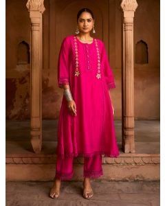 Fuchsia Hand Embroidered Chanderi Kurta with Pants- Set of 2