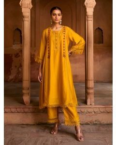 Mustard Yellow Hand Embroidered Chanderi Kurta with Pants- Set of 2