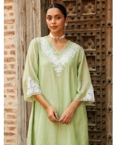 Pista Green Embroidered Chanderi Kurta with Pants- Set of 2