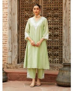 Pista Green Embroidered Chanderi Kurta with Pants- Set of 2