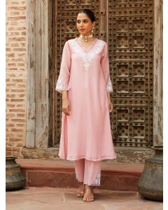 Powder Pink Embroidered Chanderi Kurta with Pants- Set of 2
