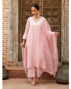 Powder Pink Printed Organza Dupatta